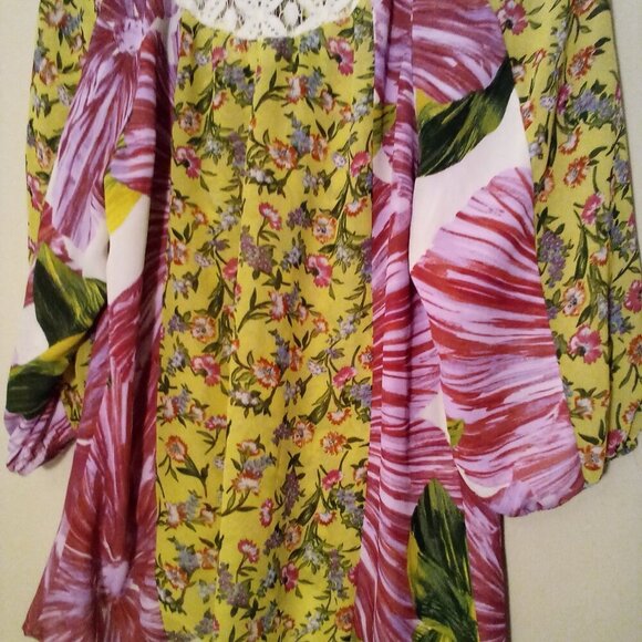 New Directions Blouse S Half Sleeve Boho Flowing Lace Floral Patchwork Colorful - Picture 15 of 15